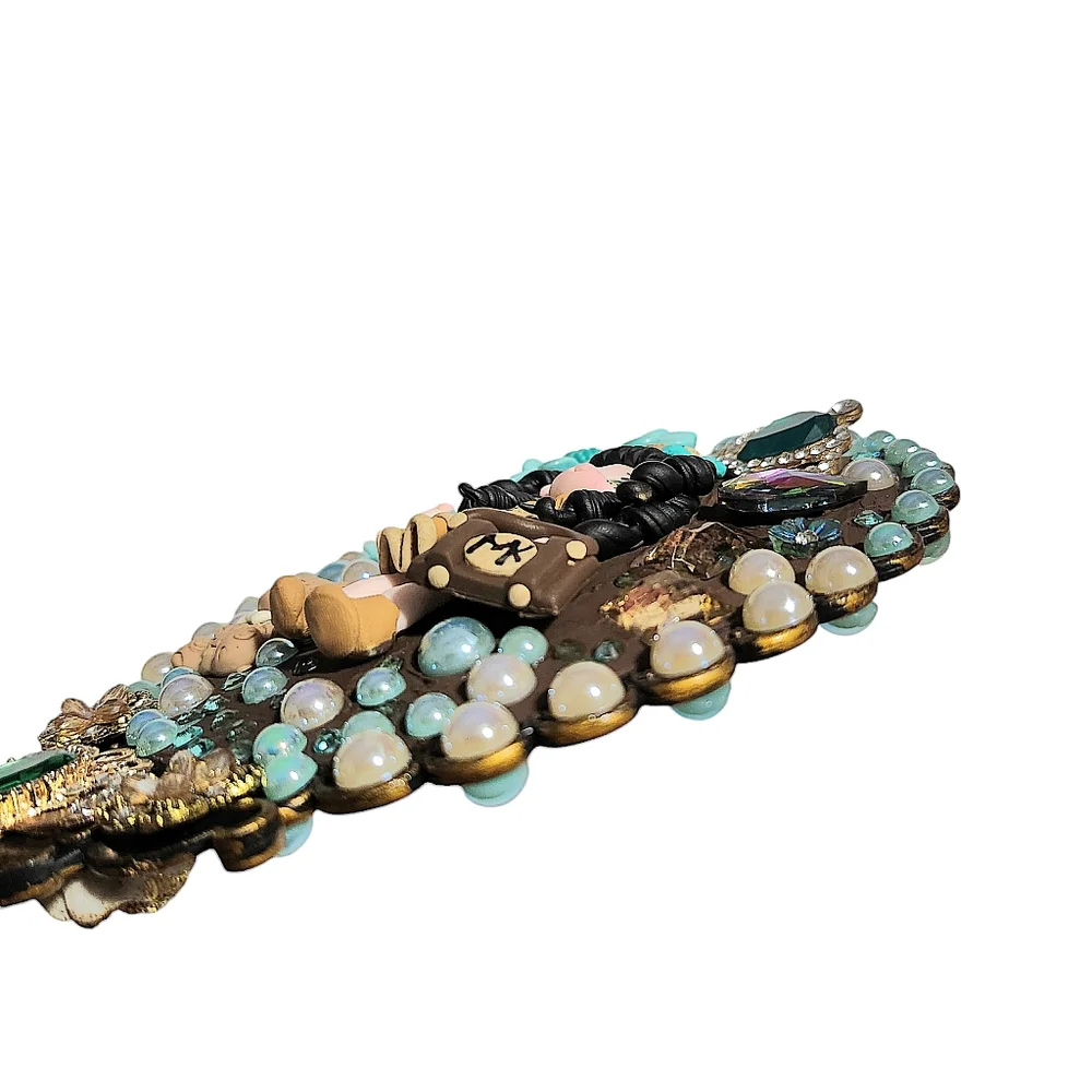 Handheld Beauty Makeup Mirror Clay Doll Bling Embellished Fashion Teal Brown